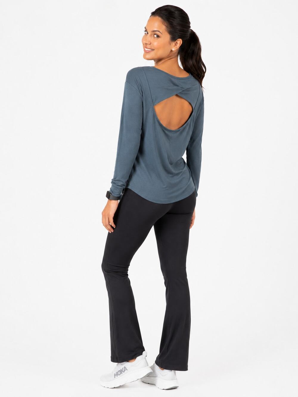 Athleta Green Open Cross Back Long Sleeve Yoga Top Large Thumbholes Athleisure